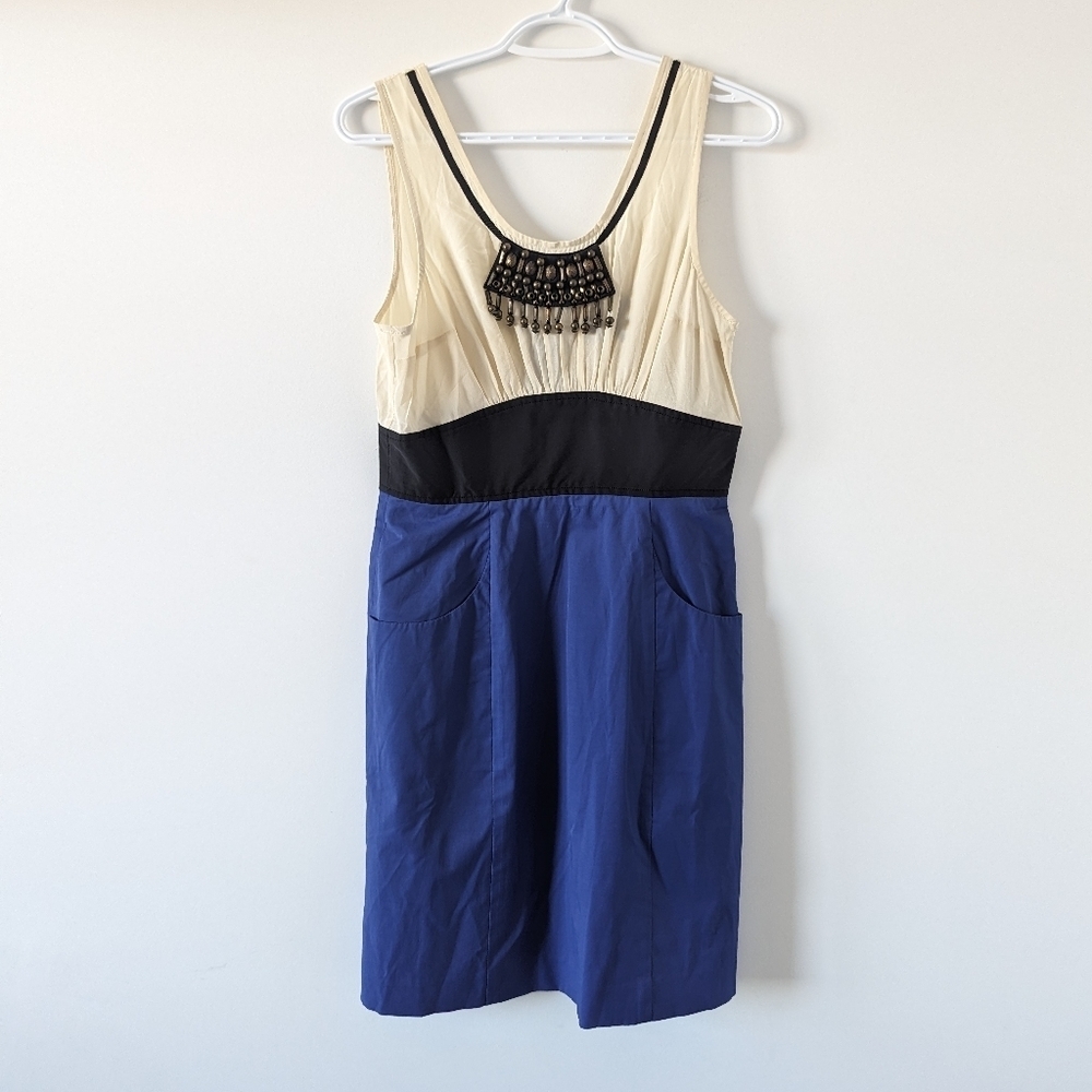 Frock by Tracy Reese Women's Embellished Silk Dress, Size 6, Cream and Navy Blue